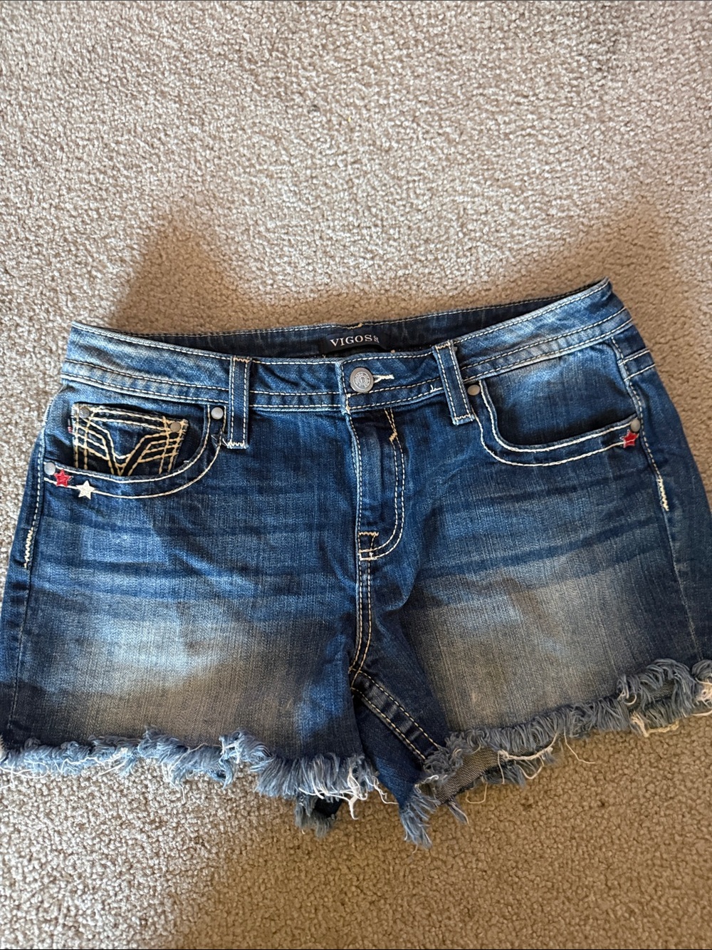 Vigoss Blue Distressed Frayed Hem Denim Shorts with Star Accents